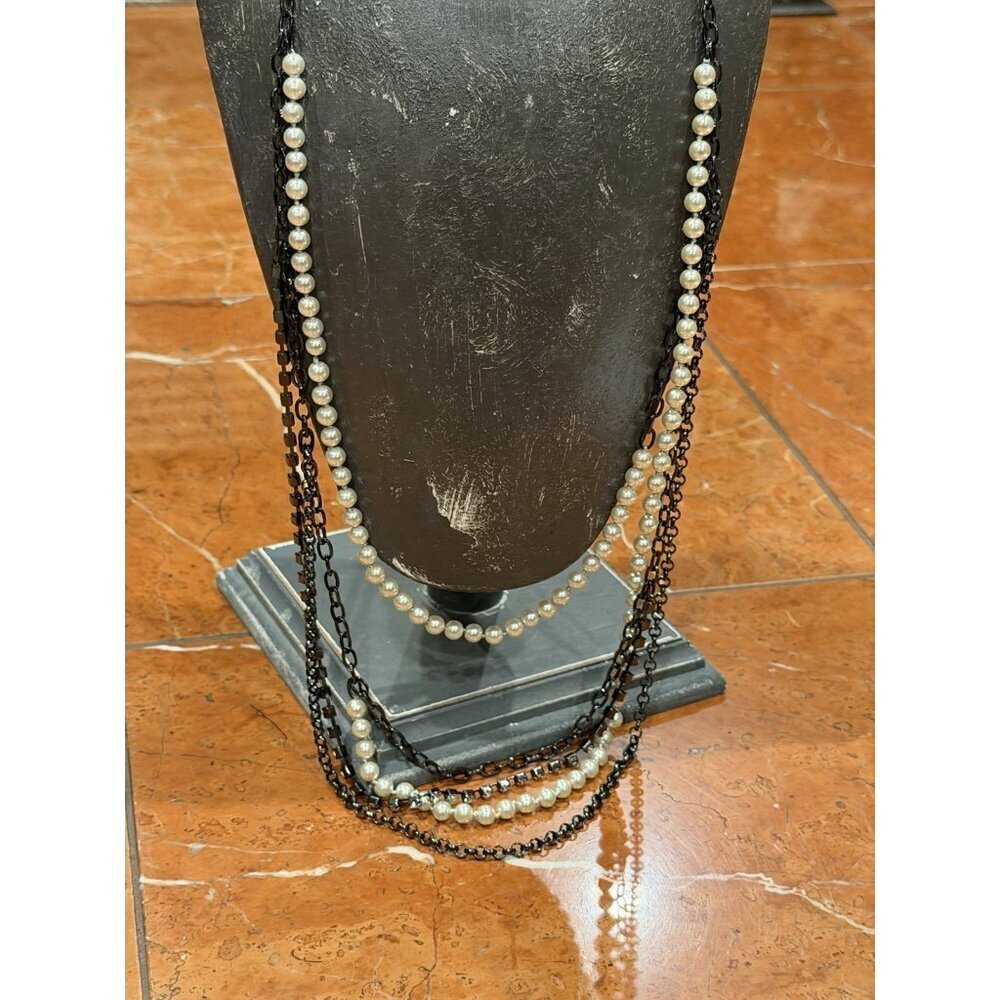 J. CREW FAUX PEARL BLACKENED JAPAN CHAIN RHINESTONE 5 STRAND 33" NECKLACE LN - Picture 2 of 5